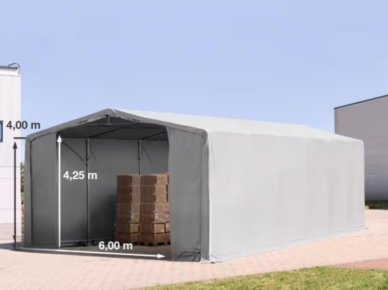 Professzionális ponyvacsarnok, raktársátor ipari sátor 8 × 12 m, 96 m² alapterülettel, 4,00 m oldalmagassággal, két standard cipzáras kapuval, szürke PVC ponyvával