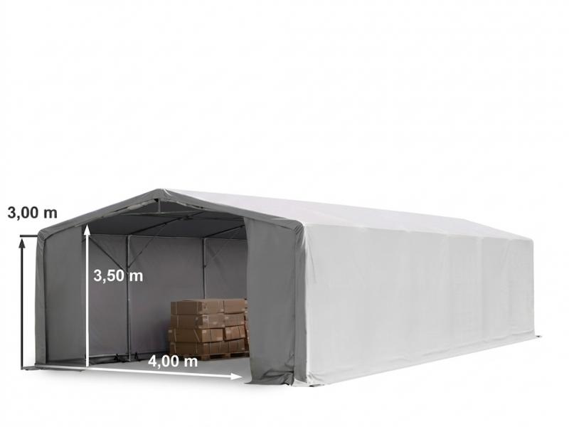 Professzionális ponyvacsarnok raktársátor, ipari tárolósátor 8×12 m, 96 m², 3,00 m oldalmagassággal, cipzáras kapuval, PVC ponyvával és teljesen horganyzott acélvázzal – szürke