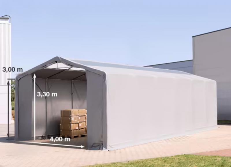 Professzionális ponyvacsarnok raktársátor, tárolósátor 6×12 m, 72 m², 3,00 m oldalmagassággal, cipzáras kapuval, tetőablakkal, PVC ponyvával és teljesen horganyzott acélvázzal – szürke