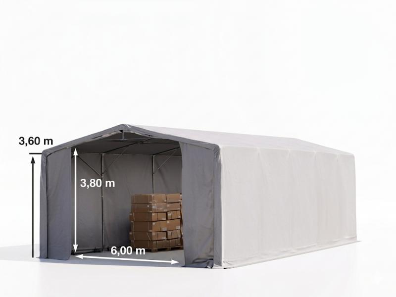 Professzionális ponyvacsarnok raktársátor, tárolósátor 8×10 m, 80 m², 3,60 m oldalmagassággal, két cipzáras kapuval, PVC ponyvával és teljesen horganyzott acélvázzal – szürke