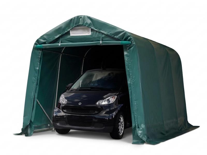Professzionális ponyvagarázs, mobilgarázs 2,4 × 3,6 m – 8,64 m², sötétzöld PVC ponyvával, padlókerettel és horganyzott acélszerkezettel