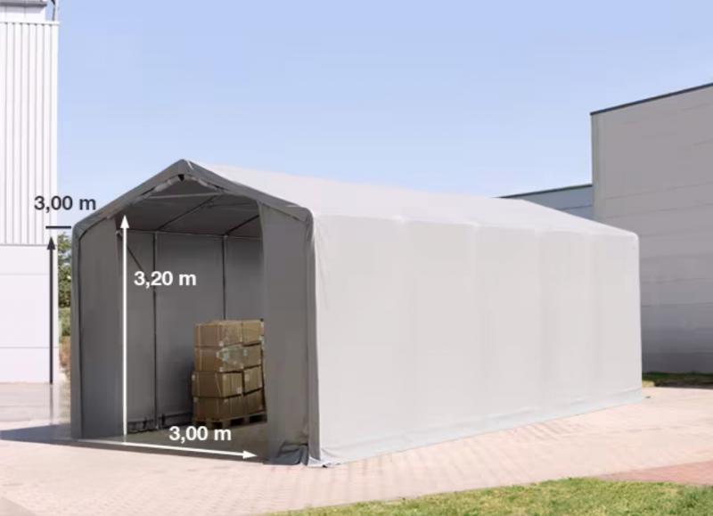 Professzionális PVC ponyvacsarnok raktársátor 4×10 m, 40 m², 3,00 m oldalmagassággal, két cipzáras kapuval és teljesen horganyzott acélvázzal – szürke