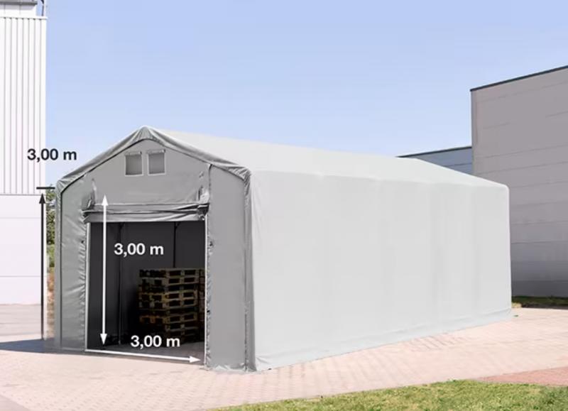 Professzionális PVC ponyvacsarnok raktársátor 4×12 m, 48 m², 3,00 m oldalmagassággal, felhúzható kapuval és teljesen horganyzott acélvázzal – szürke