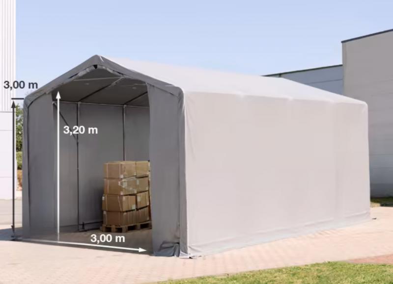 Professzionális PVC ponyvacsarnok raktársátor 4×8 m, 32 m², 3,00 m oldalmagassággal, cipzáras kapuval és teljesen horganyzott acélvázzal – szürke