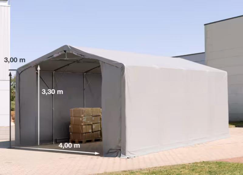 Professzionális PVC ponyvacsarnok raktársátor 6×8 m, 48 m², 3,00 m oldalmagassággal, standard bejárattal, teljesen horganyzott acélvázzal – szürke
