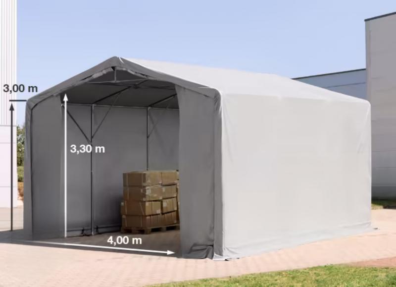 Professzionális PVC ponyvacsarnok raktársátor, ipari sátor 6×6 m, 36 m², 3,00 m oldalmagassággal, két cipzáras kapuval és teljesen horganyzott acélvázzal – szürke