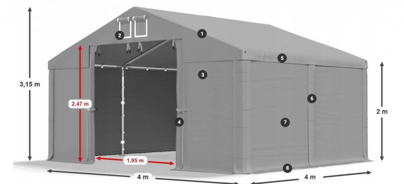 Professzionális raktársátor 4 × 4 m, horganyzott acélcsövekkel, erős PVC ponyvával  két  bejáratt