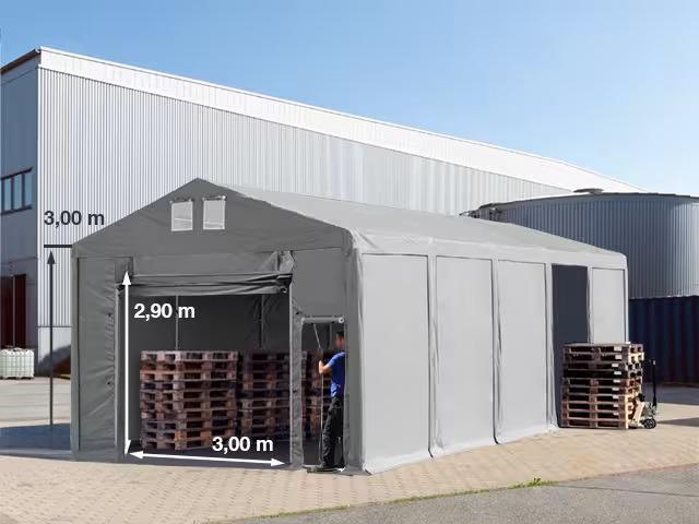 Professzionális raktársátor 5x10 m oldalmagasság 3,00 m felhúzható kapuval  ponyva PVC szürke