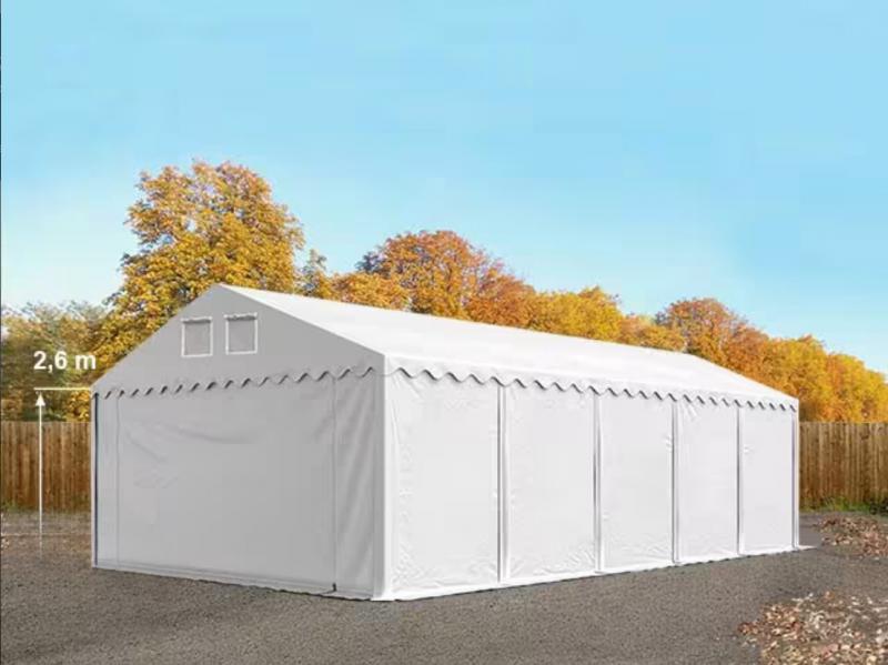 Professzionális raktársátor 6 × 10 m, 60 m² alapterülettel, 2,60 m oldalmagassággal, megerősített, horganyzott acélszerkezettel, padlókerettel, két cipzáras bejárattal fehér PVC ponyvával