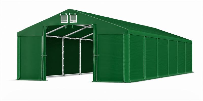 Professzionális raktársátor 8 × 12 m – 96 m², PVC ponyvával, Ø 50 mm-es, kb. 1,6 mm falvastagságú megerősített horganyzott acélvázzal és két nagyméretű bejárattal