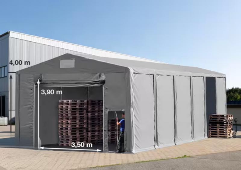 Professzionális raktársátor 8 × 24 m – 192 m², 4,00 m oldalmagassággal, felhúzható kapuval, erős PVC ponyvával és extra megerősített horganyzott acélszerkezettel
