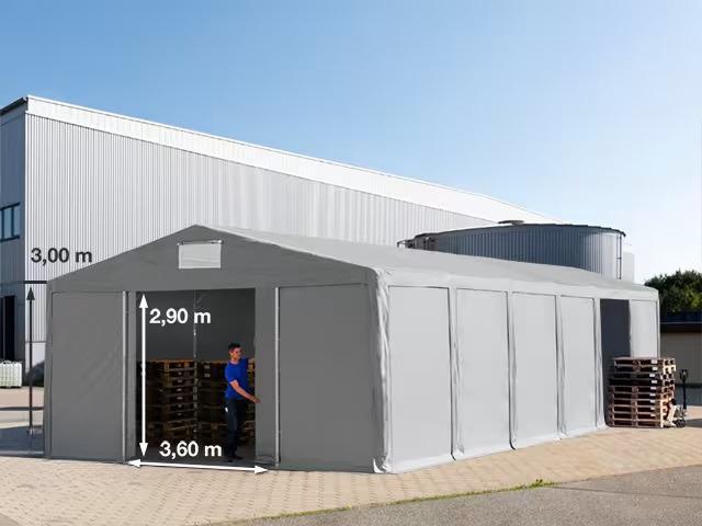 Professzionális raktársátor 8x12 m  oldalmagasság 3,00 m tolókapuval ponyva PVC szürke