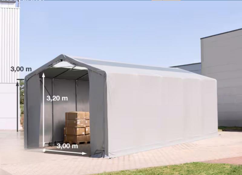 Professzionális raktársátor csarnoksátor, ipari tároló sátor 4×12 m, 48 m², 3,00 m oldalmagassággal, átlátszó tetőablakkal, PVC ponyvával, cipzáras kapuval és teljesen horganyzott acélvázzal – szürke
