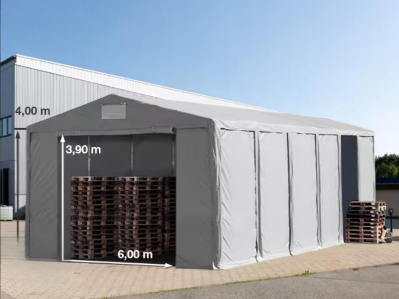 Professzionális raktársátor és ipari sátor 8 × 16 m, 128 m² alapterülettel, 4,00 m oldalmagassággal, horganyzott acélvázzal, két standard cipzáras bejárattal, szürke PVC ponyvával