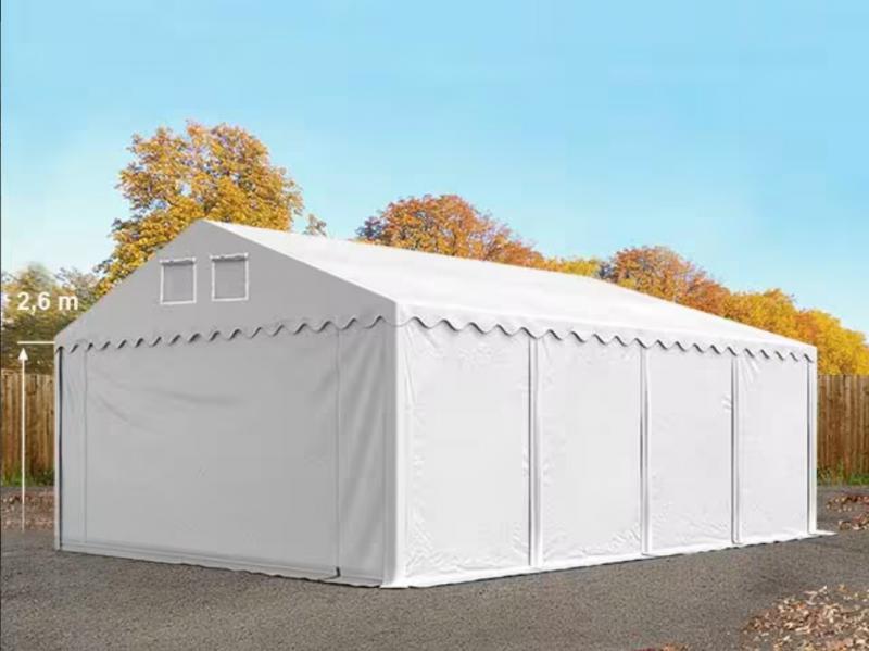 Professzionális raktársátor és tárolósátor 5 × 8 m, 40 m² alapterülettel, 2,60 m oldalmagassággal, megerősített, horganyzott acélszerkezettel,  padlókerettel, két cipzáras bejárattal és PVC ponyvával
