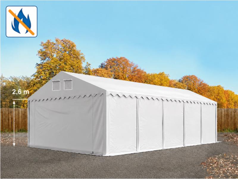 Professzionális raktársátor és tárolósátor 6 × 8 m, 48 m² alapterülettel, 2,60 m oldalmagassággal, horganyzott acélszerkezettel, padlókerettel, két cipzáras bejárattal  fehér, lángálló PVC ponyvával