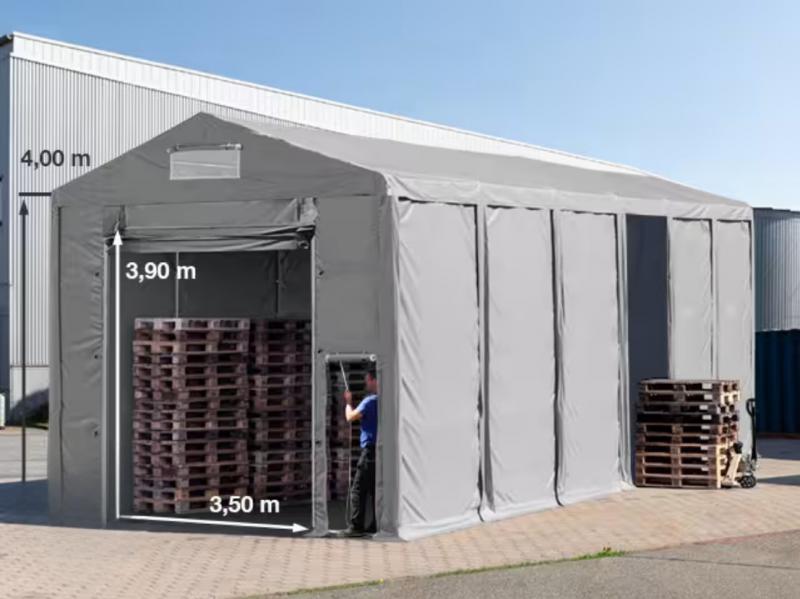 Professzionális raktársátor ipari sátor 6 × 12 m, 72 m² alapterülettel, 4,00 m oldalmagassággal, felhúzható kapuval, személyi bejárattal, szürke PVC ponyvával