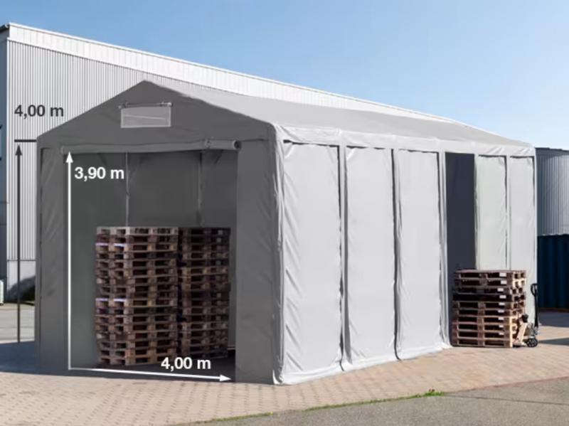Professzionális raktársátor ipari sátor 6 × 12 m, 72 m² alapterülettel, 4,00 m oldalmagassággal, két standard cipzáras bejárattal, szürke PVC ponyvával