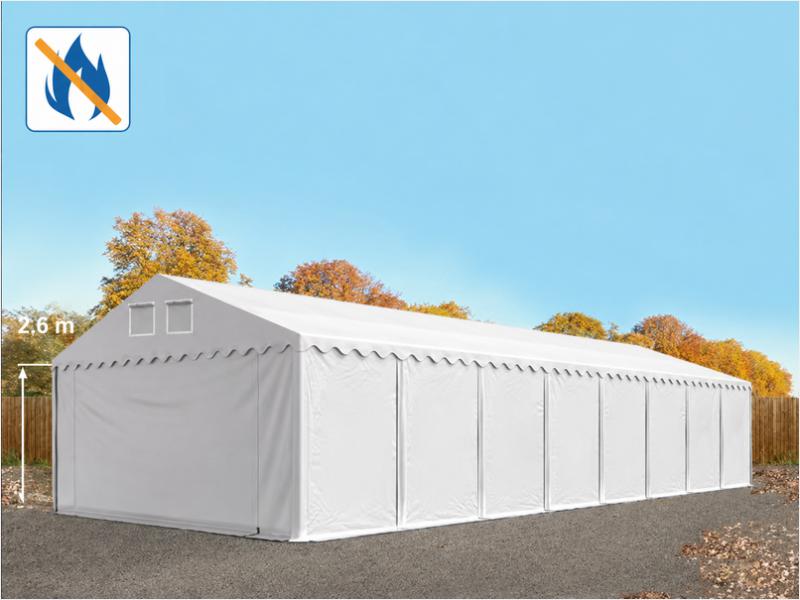 Professzionális raktársátor, ipari sátor 6 × 24 m, 144 m² alapterülettel, 2,60 m oldalmagasság,horganyzott acélszerkezettel, padlókerettel, két cipzáras bejárattal fehér, lángálló PVC ponyvával