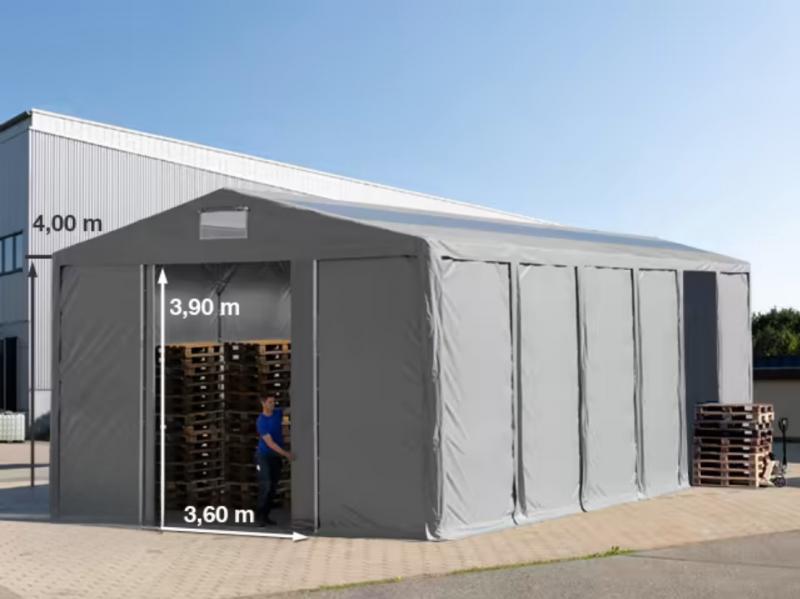 Professzionális raktársátor ipari sátor 8 × 12 m, 96 m² alapterülettel, 4,00 m oldalmagassággal, horganyzott acélvázzal, tolókapuval, cipzáras bejárattal, tetőablakokkal és szürke PVC ponyvával