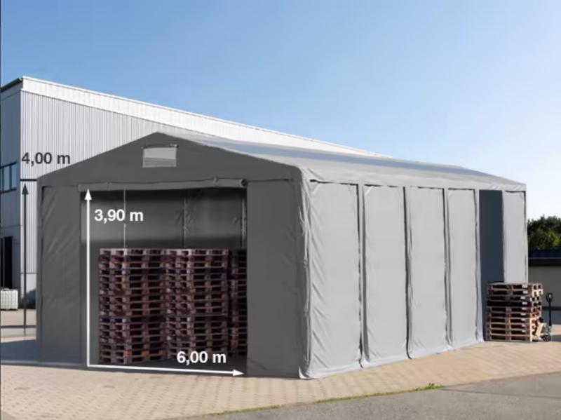 Professzionális raktársátor  ipari sátor 8 × 24 m, 192 m² alapterülettel, 4,00 m oldalmagassággal, két cipzáras bejárattal, tetőablakokkal, szürke PVC ponyvával