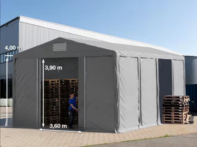 Professzionális raktársátor, ipari sátor 8 × 8 m – 64 m², 4,00 m oldalmagassággal, tolókapuval, szürke PVC ponyvával és extra megerősített horganyzott acélszerkezettel