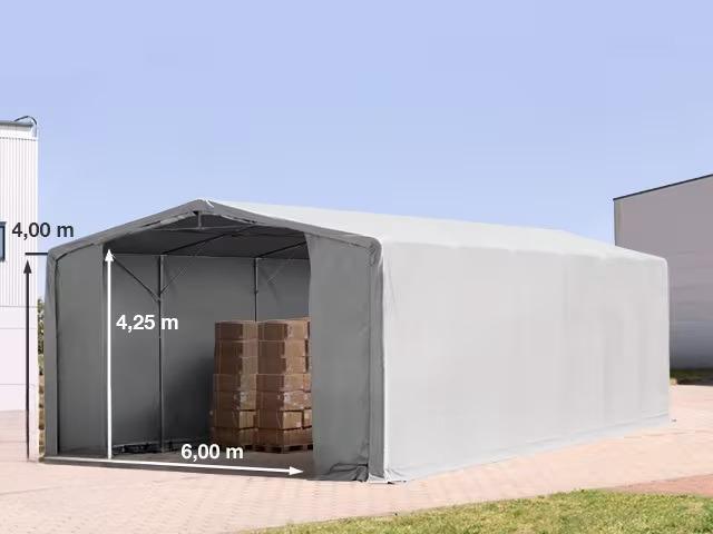 Professzionális raktársátor ponyva csarnok 8x12m raktársátor 4,00m oldalmagasság, standard kapuval ponyva PVC szürke