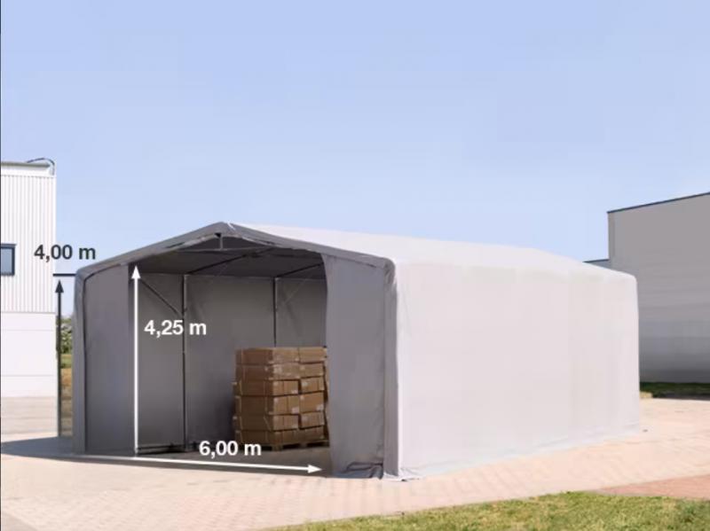 Professzionális raktársátor  ponyvacsarnok 8 × 10 m, 80 m² alapterülettel, 4,00 m oldalmagassággal, cipzáras bejáratokkal, szürke PVC ponyvával