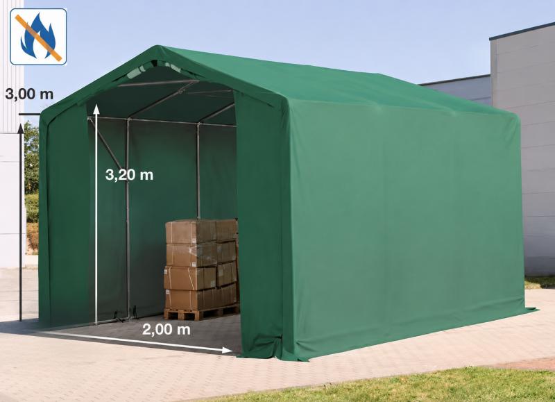 Professzionális raktársátor PVC ponyvacsarnok 3×6 m, 18 m², 3,00 m oldalmagassággal, lángálló PRIMEtex ponyvával, cipzáras kapuval és teljesen horganyzott acélvázzal – zöld