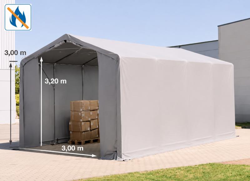 Professzionális raktársátor PVC ponyvacsarnok 4×8 m, 32 m², 3,00 m oldalmagassággal, lángálló PRIMEtex ponyvával, két cipzáras kapuval és teljesen horganyzott acélvázzal – szürke