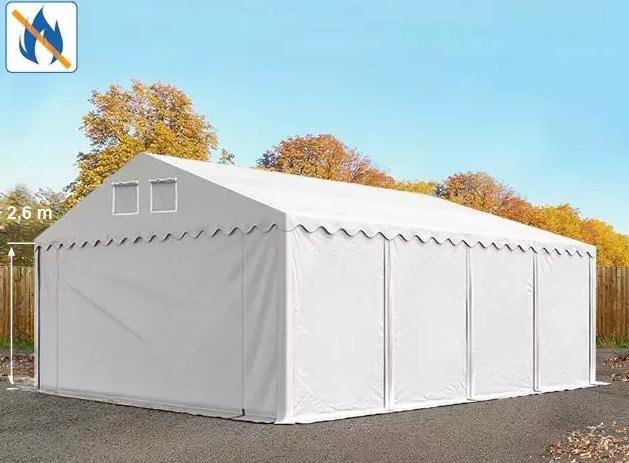Professzionális raktársátor, tároló sátor 6x8 m ponyva lángálló PVC  fehér oldalmagasság+2,6 m oldalmagasság erősített szerkezettel fehér