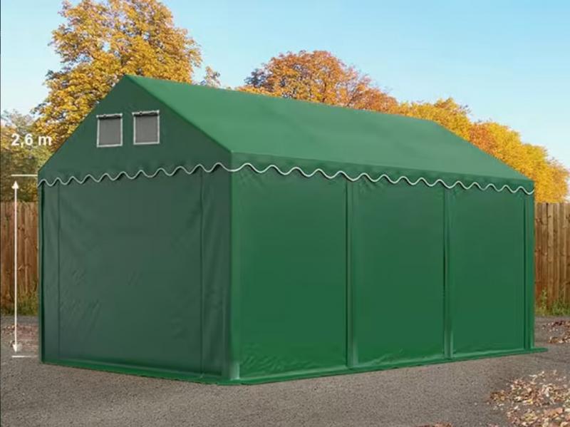 Professzionális raktársátor tárolósátor 3 × 6 m, 18 m² alapterülettel, 2,60 m oldalmagassággal, megerősített, horganyzott acélszerkezettel, padlókerettel, két cipzáras bejárattal zöld PVC ponyvával