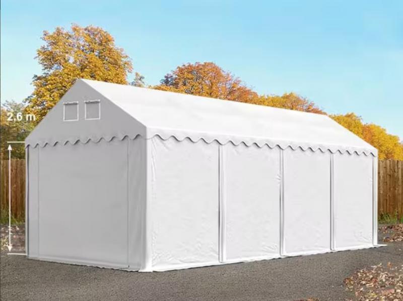 Professzionális raktársátor tárolósátor 3 × 8 m, 24 m² alapterülettel, 2,60 m oldalmagassággal, megerősített, horganyzott acélszerkezettel, padlókerettel, két cipzáras bejárattal fehér PVC ponyvával