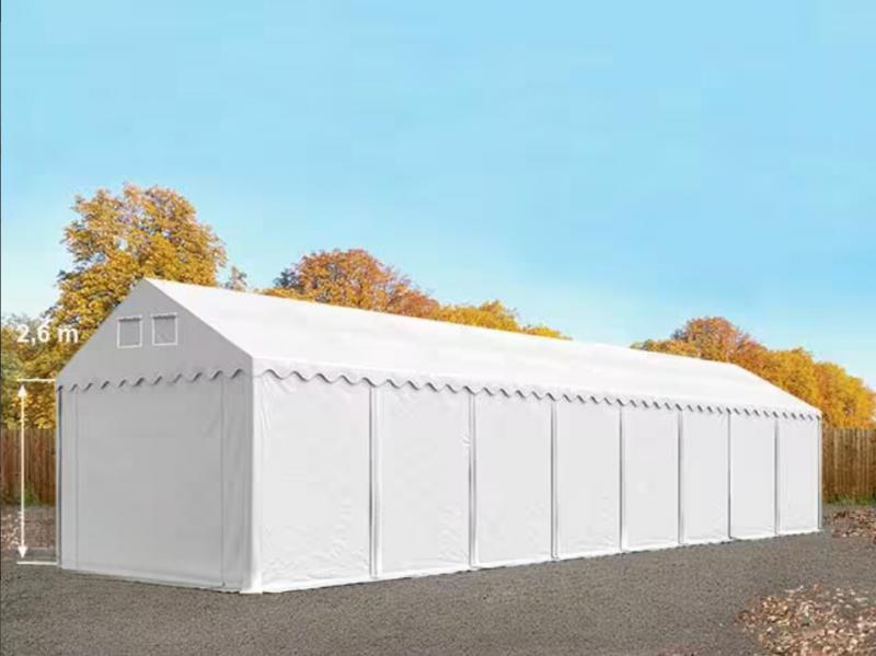 Professzionális raktársátor tárolósátor 4 × 16 m, 64 m², 2,60 m oldalmagassággal, megerősített horganyzott acélvázzal, padlókerettel, két cipzáras bejárattal  PVC ponyvával