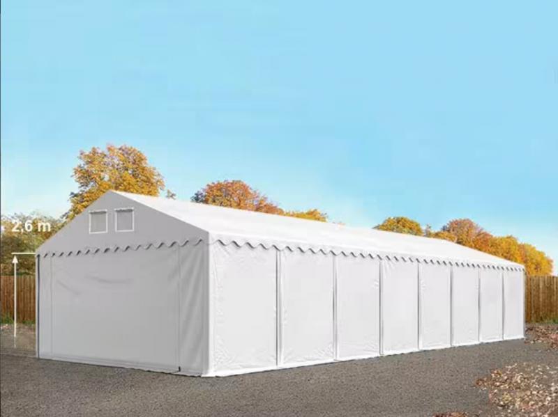 Professzionális raktársátor tárolósátor 6 × 16 m, 96 m² alapterülettel, 2,60 m oldalmagassággal, megerősített, horganyzott acélszerkezettel, stabil padlókerettel, két cipzáras bejárattal PVC ponyvával