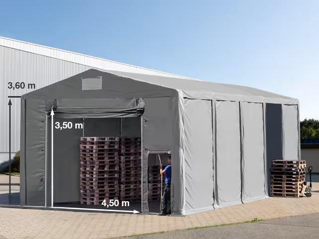 Professzionális raktársátor tárolósátor 8x10 m oldalmagasság 3,60m felhúzható kapuval, ponyva PVC  szürke statikai csomaggal