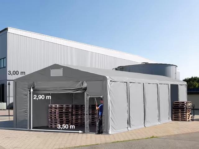 Professzionális raktársátor, tárolósátor 8x12 m oldalmagasság 3,00m felhúzható kapuval ponyva PVC szürke