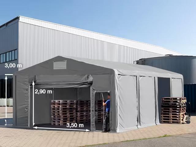 Professzionális raktársátor, tárolósátor 8x8 m  oldalmagasság 3,00m  felhúzható kapuval ponyva PVC szürke