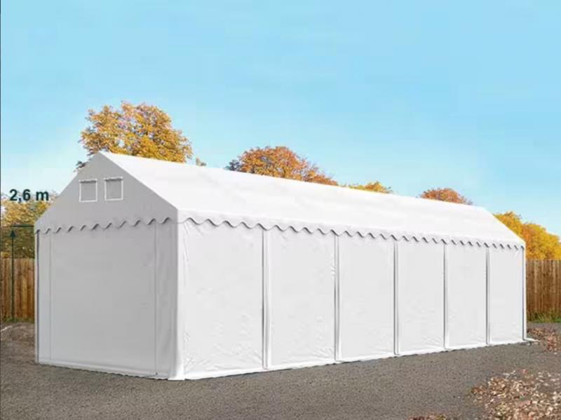 Professzionális raktársátor, tárolósátor ipari sátor 3 × 12 m, 36 m² alapterülettel, 2,60 m oldalmagasság horganyzott acélszerkezettel,  padlókerettel, két cipzáras bejárattal fehér PVC ponyvával