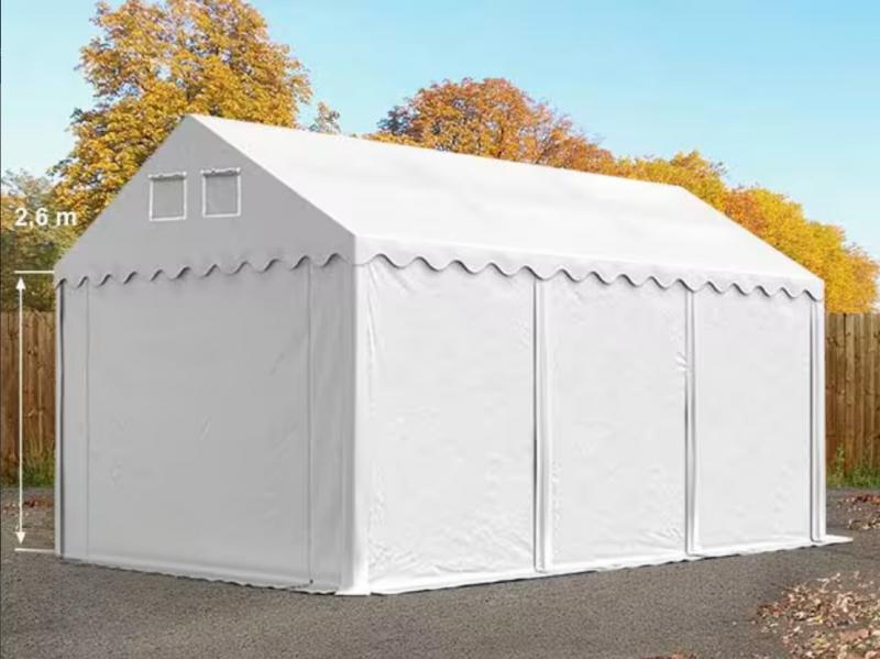 Professzionális raktársátor, tárolósátor ipari sátor 4 × 6 m, 24 m² alapterülettel, 2,60 m oldalmagassággal, horganyzott acélszerkezettel, stabil padlókerettel, két cipzáras bejárattal PVC ponyvával