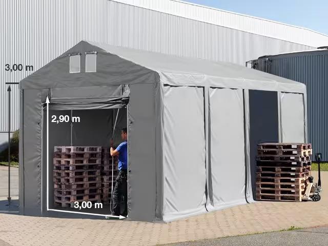 Professzionális raktársátor, tárolósátor, ipari sátor 4x8m oldalmagasság 3,00m felhúzható kapuval  ponyva PVC  szürke