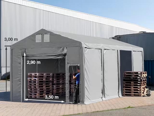 Professzionális raktársátor, tárolósátor ipari sátor 6x8m oldalmagasság 3,00m felhúzható kapuval ponyva PVC szürke
