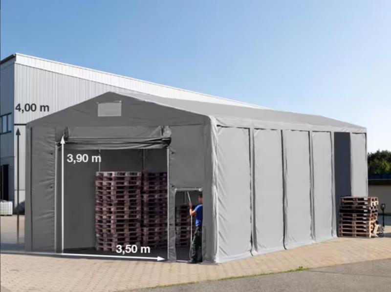 Professzionális raktársátor, tárolósátor  ipari sátor 8 × 12 m, 96 m² alapterülettel, 4,00 m oldalmagassággal, felhúzható kapuval, cipzáras bejárattal, személyi ajtóval, szürke PVC ponyvával