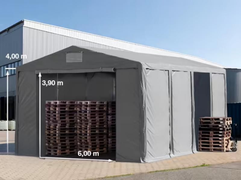 Professzionális raktársátor, tárolósátor  ipari sátor 8 × 8 m, 64 m² alapterülettel, 4,00 m oldalmagassággal, két standard cipzáras bejárattal, szürke PVC ponyvával