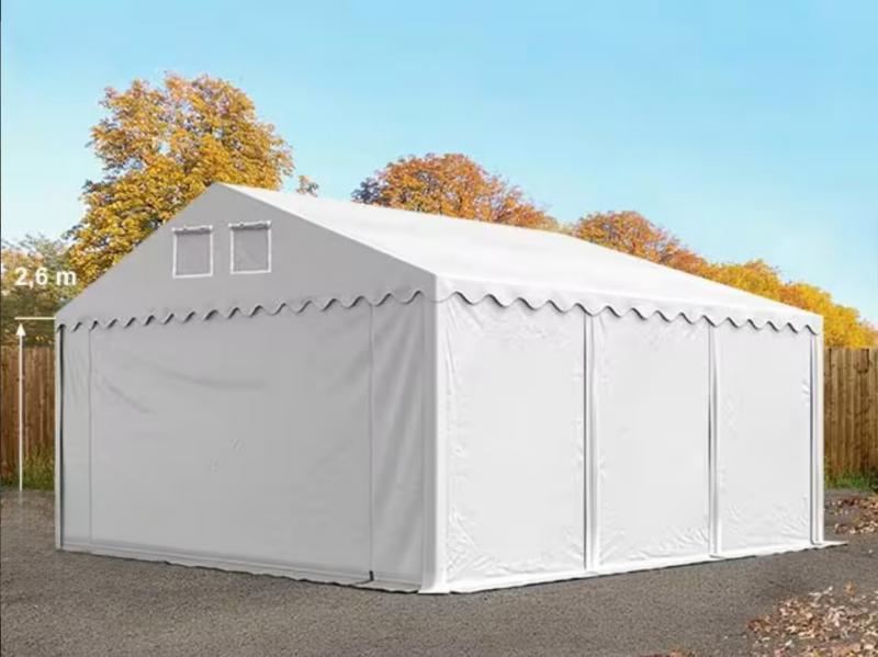 Professzionális raktársátortárolósátor 6 × 6 m, 36 m² alapterülettel, 2,60 m oldalmagassággal, horganyzott acélszerkezettel, stabil padlókerettel, két cipzáras bejárattal fehér PVC ponyvával