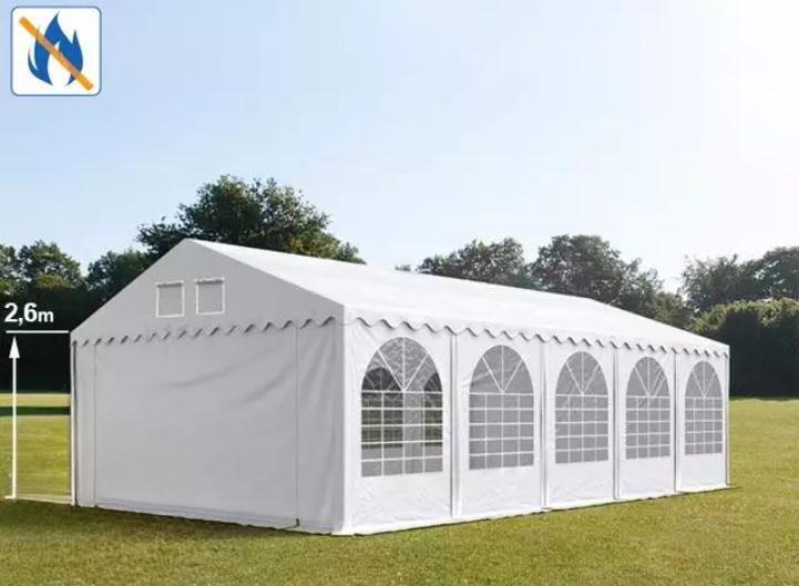 Professzionális rendezvénysátor 6x10m  ponyva  lángálló PVC fehér  oldalmagasság+ 2,6m erősített szerkezettel acélcső Ø 50mm