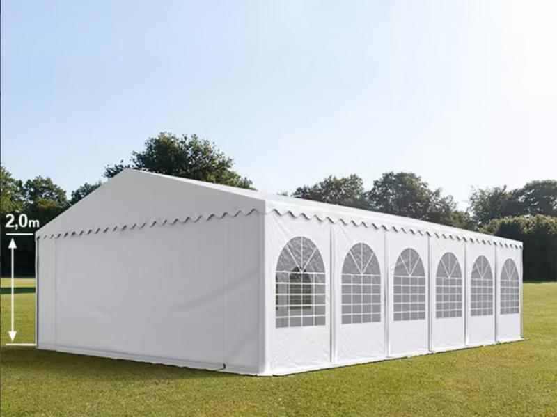 Professzionális rendezvénysátor 8 × 12 m – 96 m², fehér, 100%-ban vízálló PVC ponyvával, extra erős horganyzott acélszerkezettel, megerősített tetővel és stabil padlókerettel
