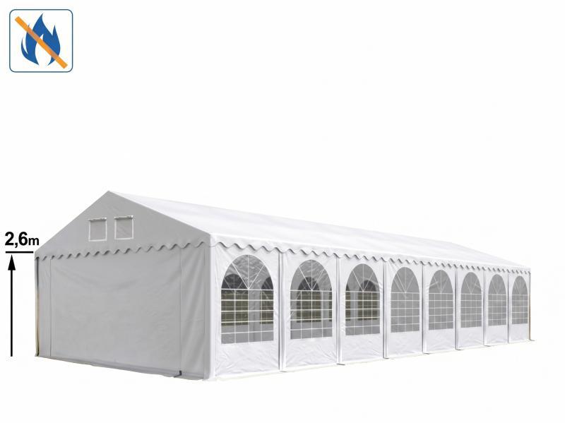Professzionális rendezvénysátor 8x28 m, lángálló PVC ponyva, 2,6 m oldalmagasság, fehér