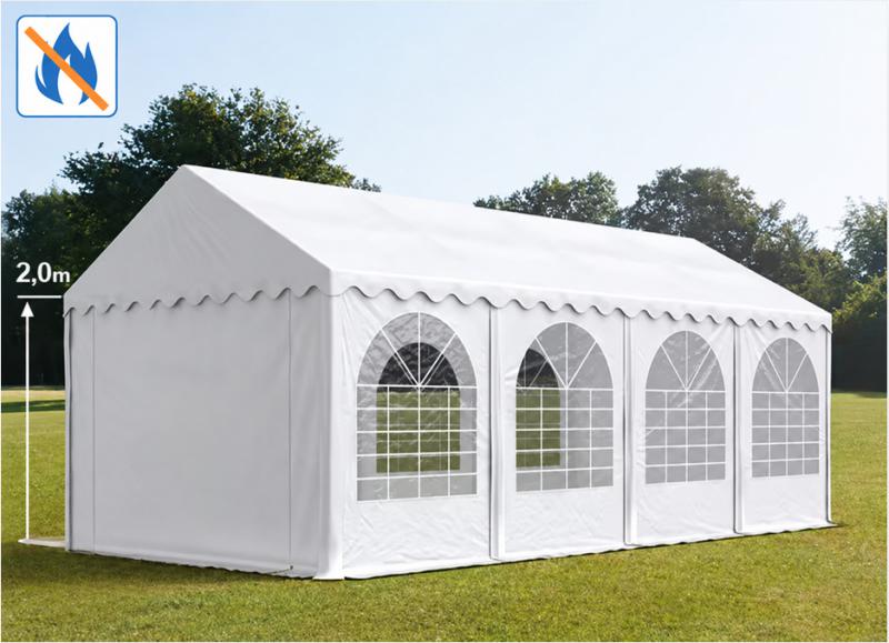 Professzionális rendezvénysátor, partisátor 4 × 8 m, 32 m², fehér PVC ponyvával, megerősített horganyzott acélszerkezettel, stabil padlókerettel és megerősített tetőszerkezettel