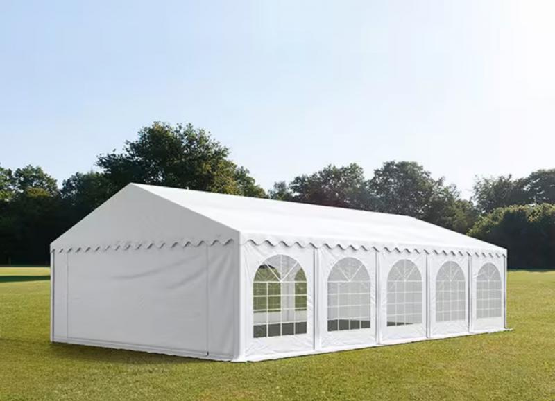 Professzionális rendezvénysátor, partisátor 6 × 10 m, 60 m², fehér PVC ponyvával, megerősített horganyzott acélszerkezettel, stabil padlókerettel és megerősített tetőszerkezettel